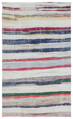 Girit Beige Striped Wool Handmade Area Rug 4'9" x 7'7"