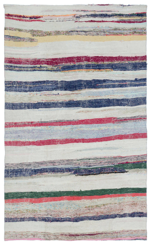 Girit Beige Striped Wool Handmade Area Rug 4'9" x 7'7"