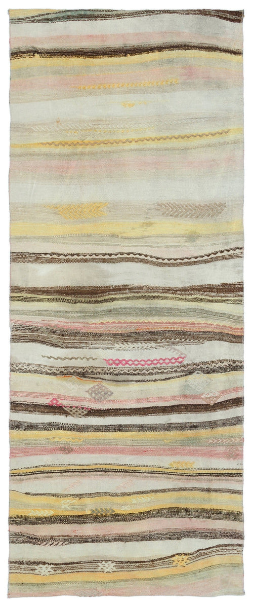 Girit Beige Striped Wool Handmade Area Rug 3'6" x 8'8"