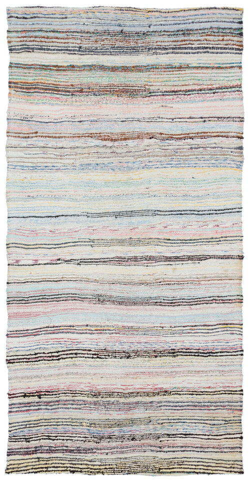 Girit Beige Striped Wool Handmade Area Rug 5'1" x 10'1"