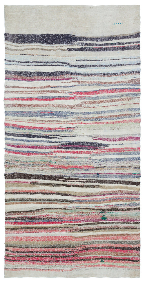 Girit Beige Striped Wool Handmade Area Rug 4'6" x 9'11"