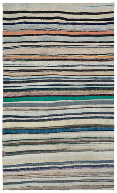 Girit Beige Striped Wool Handmade Area Rug 6'8" x 11'1"