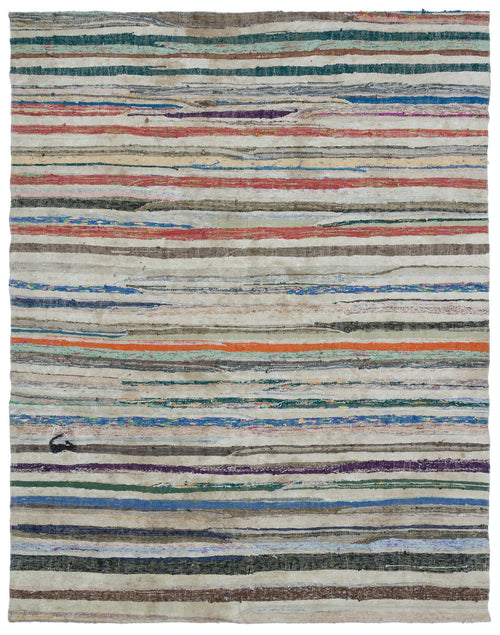 Girit Beige Striped Wool Handmade Area Rug 4'9" x 11'11"