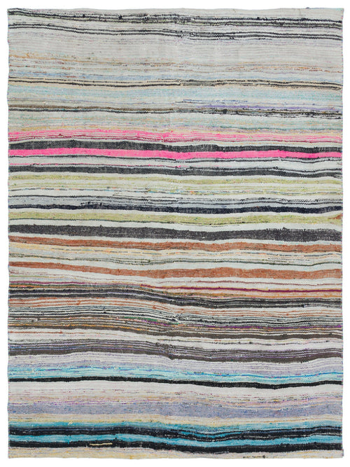 Girit Beige Striped Wool Handmade Area Rug 5'3" x 6'11"