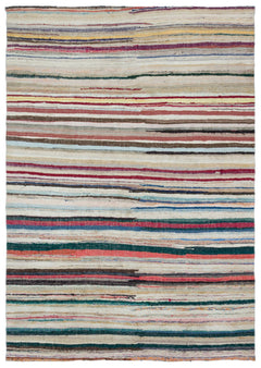 Girit Beige Striped Wool Handmade Area Rug 6'9" x 9'4"