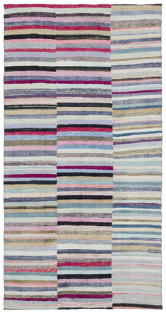 Girit Beige Striped Wool Handmade Area Rug 5'5" x 9'11"