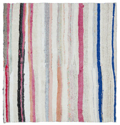 Girit White Striped Wool Handmade Area Rug 5'1" x 4'11"