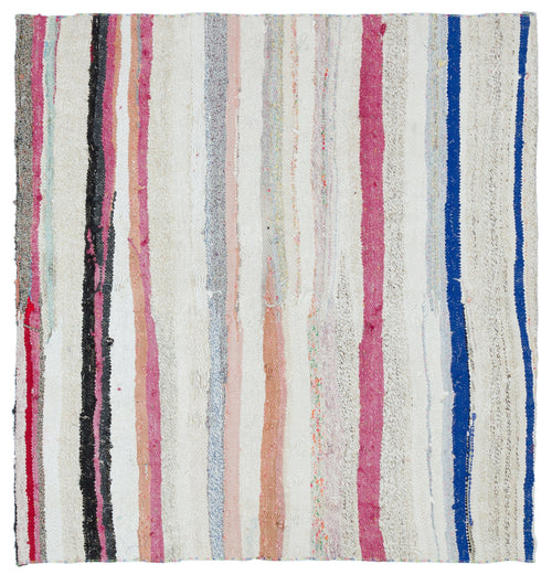 Girit White Striped Wool Handmade Area Rug 5'1" x 4'11"