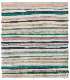 Girit Beige Striped Wool Handmade Area Rug 4'8" x 5'4"