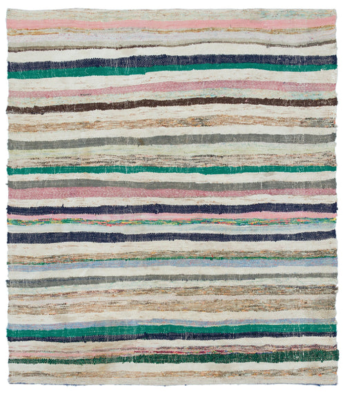 Girit Beige Striped Wool Handmade Area Rug 4'8" x 5'4"