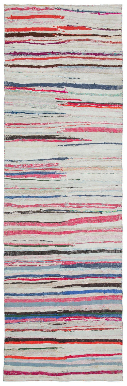 Girit Beige Striped Wool Handmade Area Rug 3'5" x 10'8"