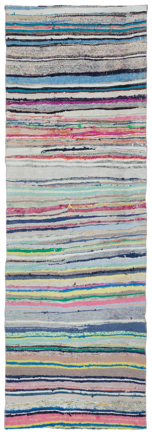 Girit Beige Striped Wool Handmade Area Rug 3'5" x 10'0"