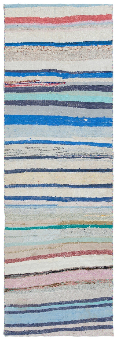 Girit Beige Striped Wool Handmade Area Rug 2'9" x 8'4"