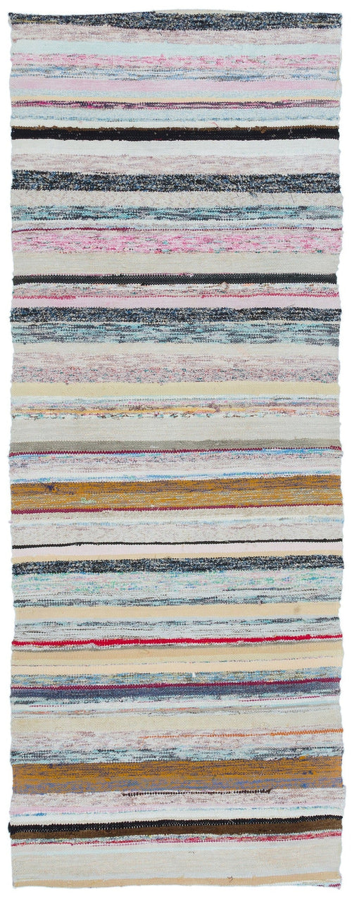 Girit Beige Striped Wool Handmade Area Rug 2'6" x 6'7"