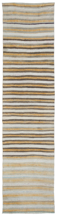 Girit Beige Striped Wool Handmade Area Rug 3'1" x 12'1"