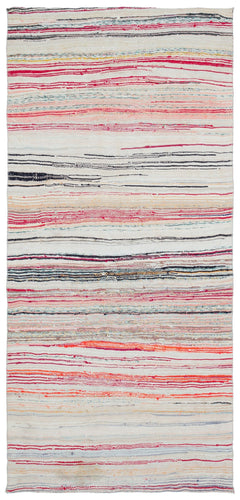 Girit Beige Striped Wool Handmade Area Rug 4'4" x 9'2"