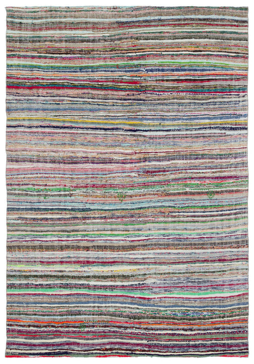 Girit Beige Striped Wool Handmade Area Rug 6'8" x 9'2"
