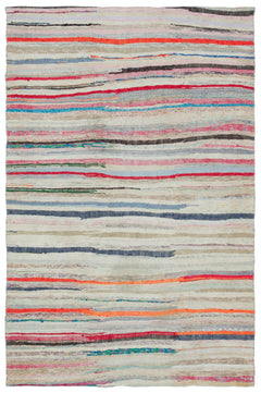 Girit Beige Striped Wool Handmade Area Rug 5'8" x 8'8"