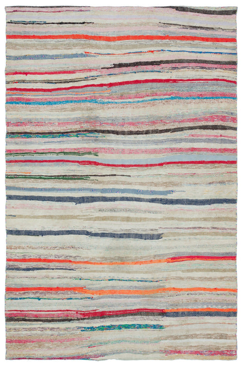 Girit Beige Striped Wool Handmade Area Rug 5'8" x 8'8"