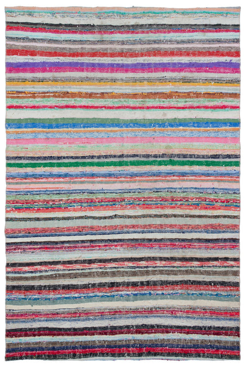 Girit Beige Striped Wool Handmade Area Rug 5'8" x 8'4"