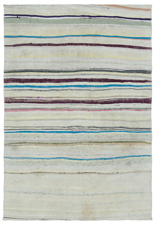 Girit Beige Striped Wool Handmade Area Rug 5'5" x 7'10"