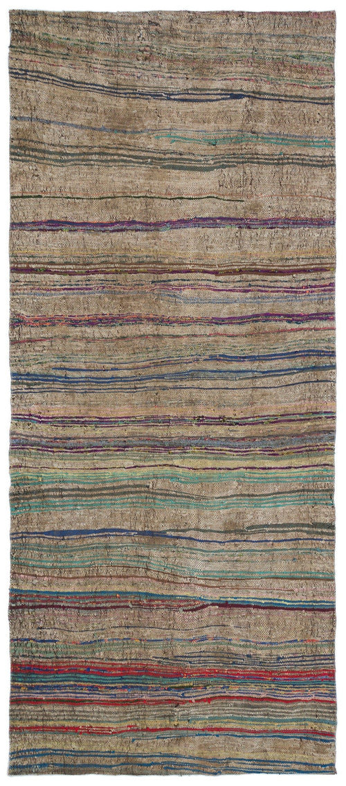 Girit Beige Striped Wool Handmade Area Rug 4'8" x 11'2"