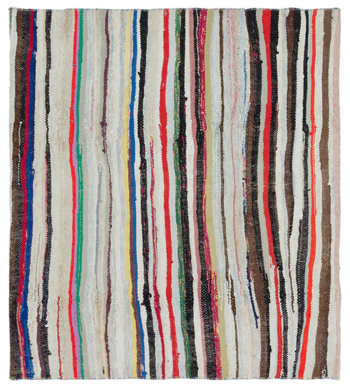 Girit Beige Striped Wool Handmade Area Rug 4'9" x 4'1"