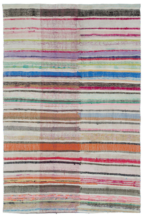 Girit Beige Striped Wool Handmade Area Rug 5'10" x 7'8"