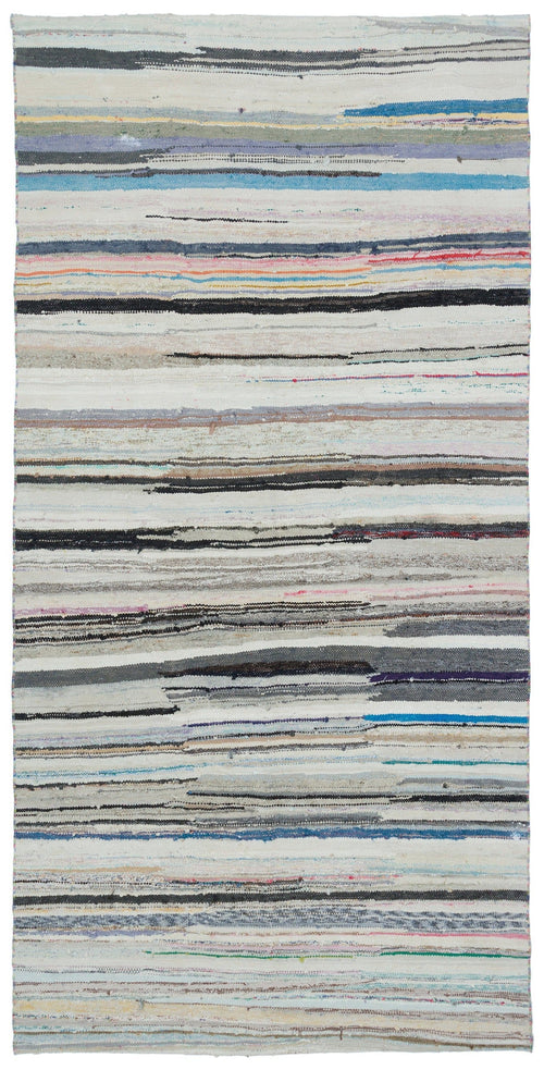 Girit Beige Striped Wool Handmade Area Rug 5'2" x 10'4"