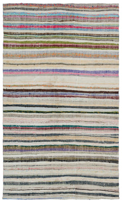 Girit Beige Striped Wool Handmade Area Rug 5'10" x 9'8"