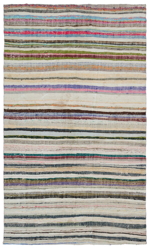 Girit Beige Striped Wool Handmade Area Rug 5'10" x 9'8"