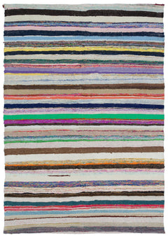 Girit Beige Striped Wool Handmade Area Rug 5'3" x 7'11"