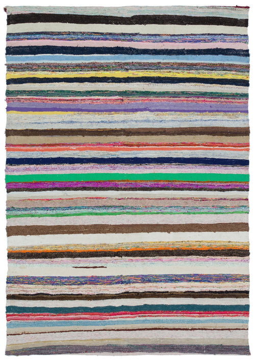 Girit Beige Striped Wool Handmade Area Rug 5'3" x 7'11"