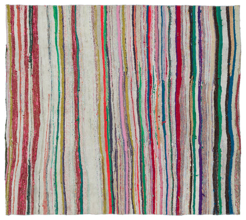 Girit Beige Striped Wool Handmade Area Rug 5'3" x 5'11"