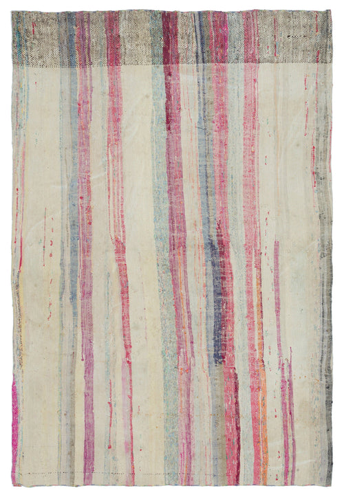 Girit Beige Striped Wool Handmade Area Rug 7'3" x 5'0"