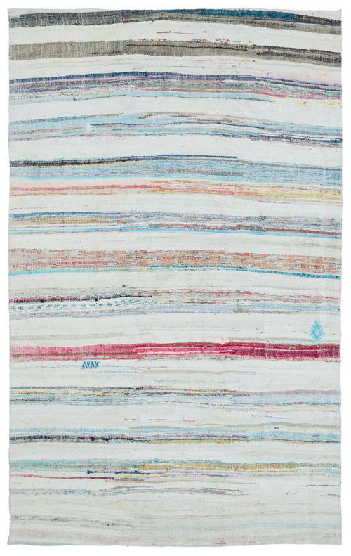 Girit Beige Striped Wool Handmade Area Rug 4'11" x 8'0"