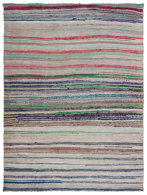 Girit Beige Striped Wool Handmade Area Rug 5'7" x 7'7"
