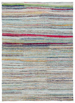 Girit Beige Striped Wool Handmade Area Rug 6'1" x 8'2"