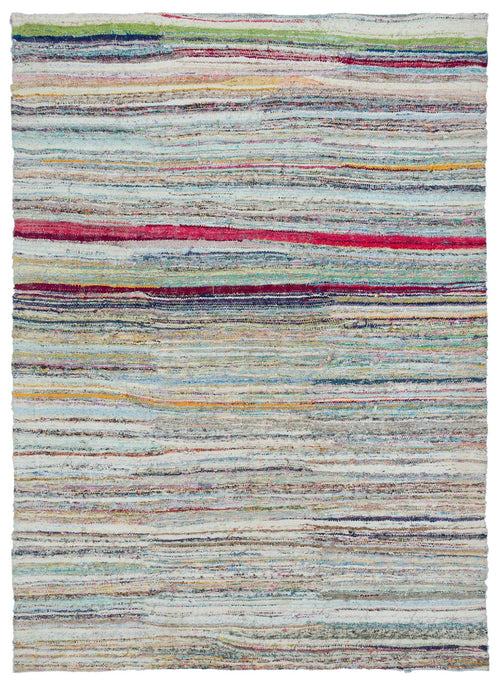 Girit Beige Striped Wool Handmade Area Rug 6'1" x 8'2"