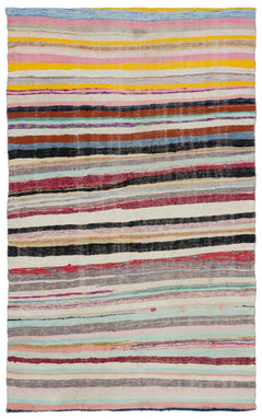 Girit Beige Striped Wool Handmade Area Rug 5'2" x 8'6"