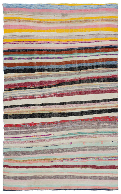 Girit Beige Striped Wool Handmade Area Rug 5'2" x 8'6"
