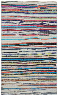 Girit Beige Striped Wool Handmade Area Rug 5'5" x 9'1"