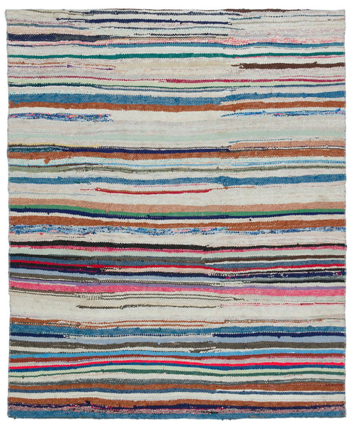 Girit Beige Striped Wool Handmade Area Rug 5'3" x 6'5"