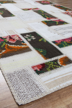 Handmade Patchwork Rug – Beige Cotton Area Rug, Durable Flatweave Carpet