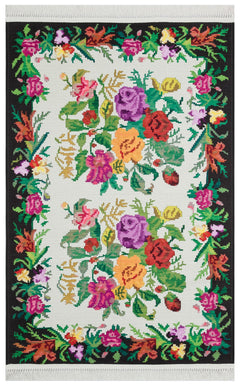 White Floral Kilim - Washable Non Slip Rug With Traditional Patterned Design