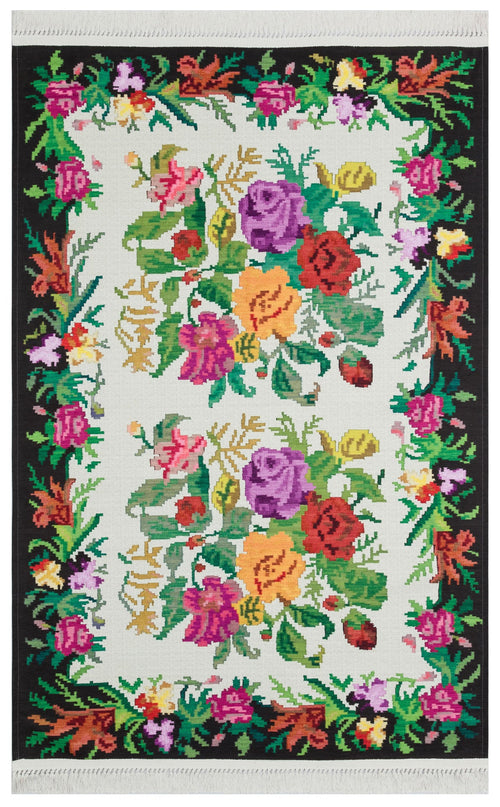 White Floral Kilim - Washable Non Slip Rug With Traditional Patterned Design