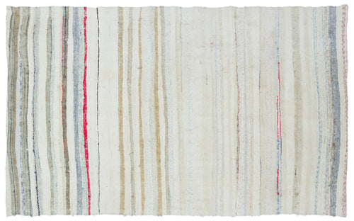 Girit Beige Striped Wool Handmade Area Rug 4'9" x 7'6"