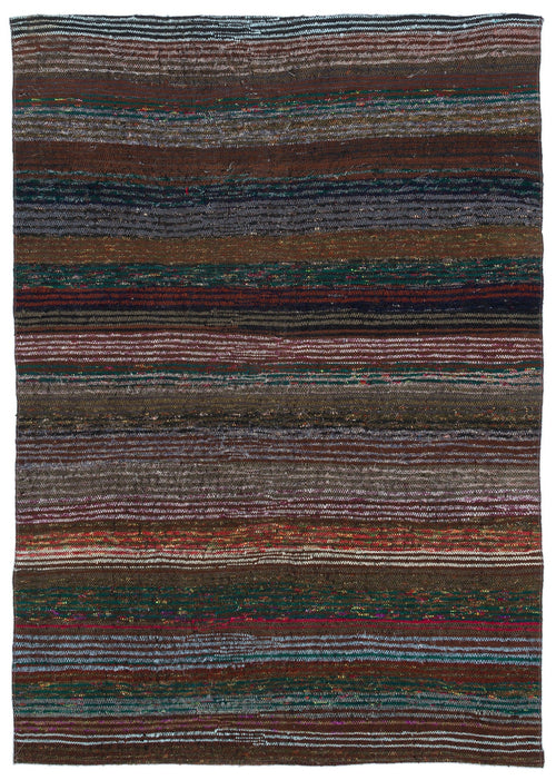 Girit Brown Striped Wool Handmade Area Rug 4'7" x 6'8"