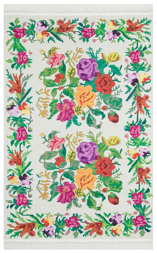 White Floral Kilim Washable Non Slip Rug – Soft Texture Carpet With Anti Slip Mat