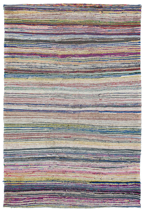 Girit Beige Striped Wool Handmade Area Rug 5'3" x 7'7"